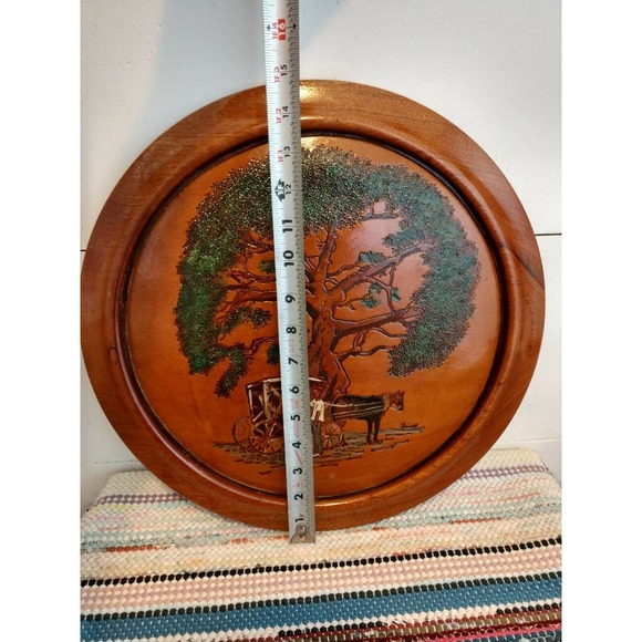 Vintage Tooled Leather Wall Hanging Picture Round Wood Handmade cottage hippie - Picture 4 of 10